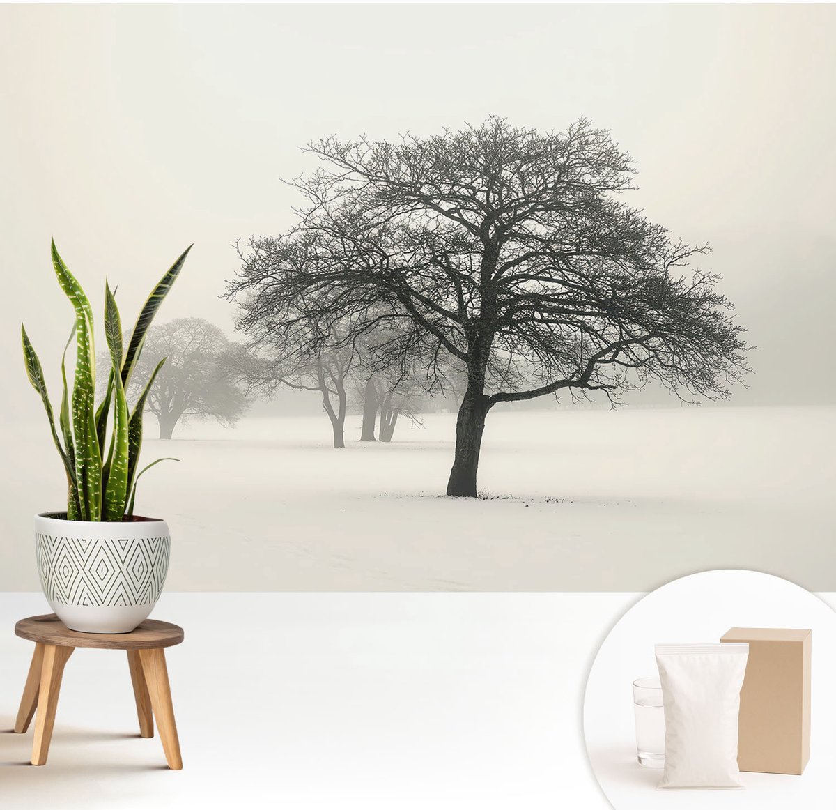 Wallfluent Fotobehang - Wit Vliesbehang - 208x146 cm - Winterbomen Fotobehang Vlies - Woonkamer behang Landschappen - Muurschildering - Woonkamer behang