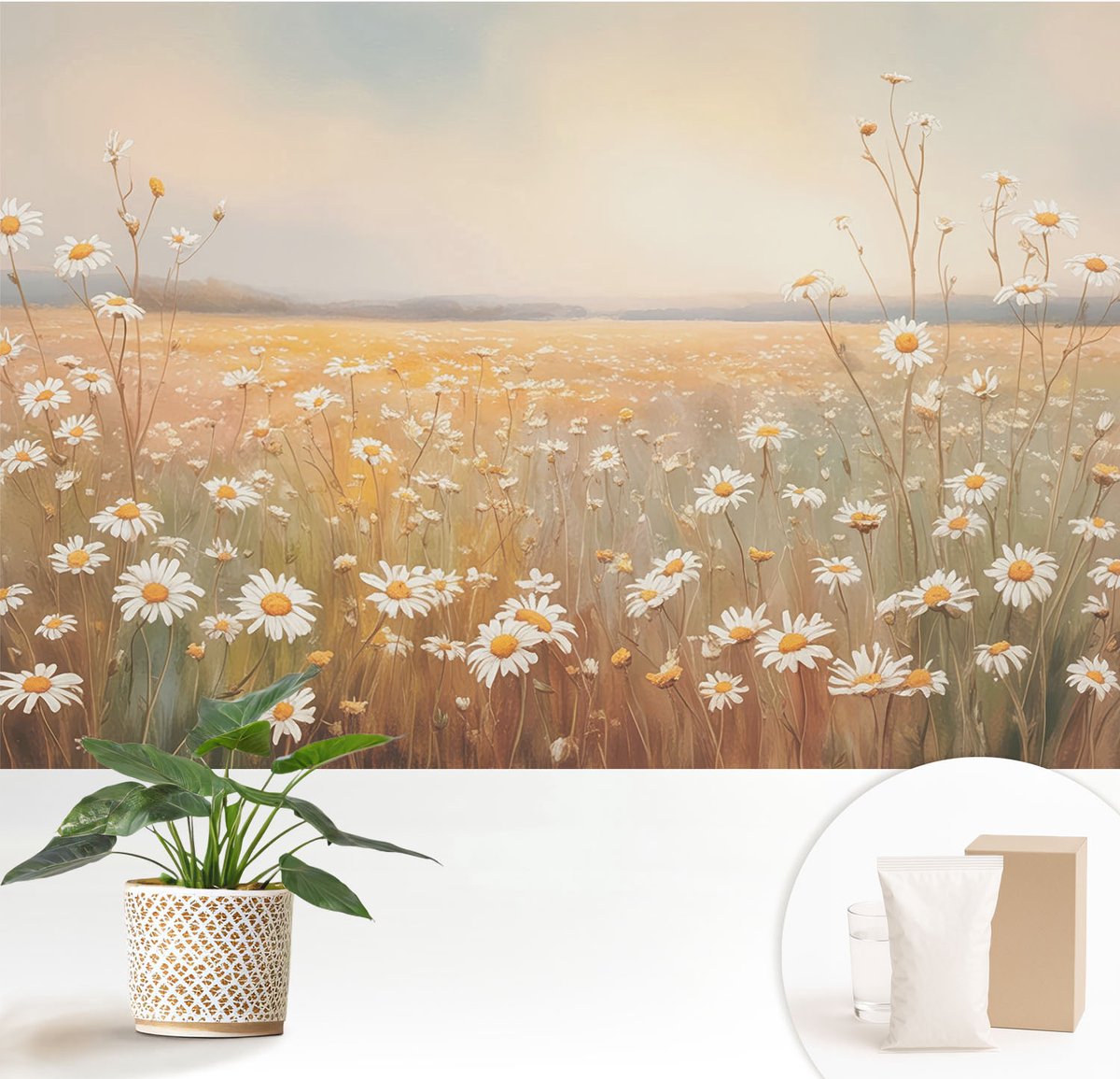 Wallfluent Fotobehang - Wit Vliesbehang - 152x104 cm - Bloemenweide Muurschildering - Slaapkamer behang Bloemen En Planten - Fotobehang Vlies - Slaapkamer behang