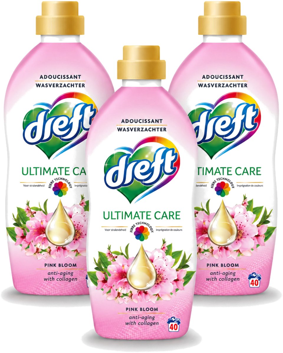 3 x Dreft - Ultimate Care - Wasverzachter - Roze Bloem - Anti-Veroudering - 40 Wasbeurten - Voordeelverpakking - 3 stuks