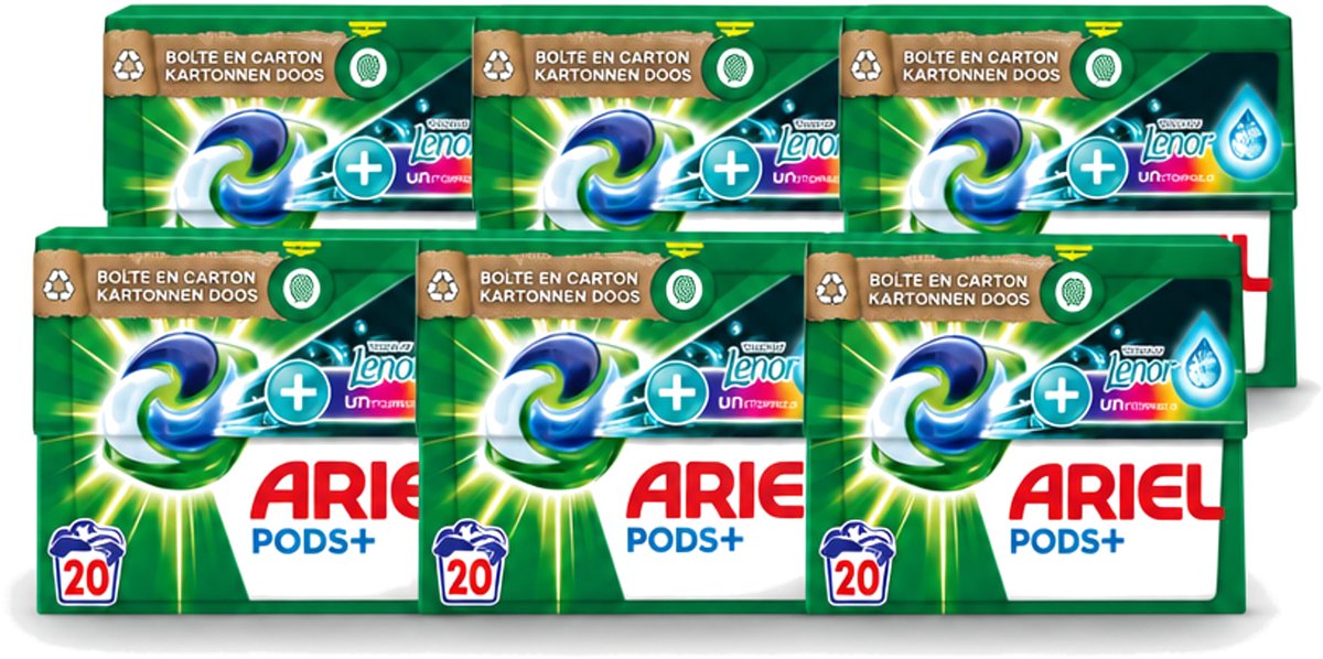 6 x Ariel Original - Touch of Lenor Unstoppables - Wasmiddelcapsules - Pods+ - Gekleurde Was - 20 Wasbeurten - Voordeelverpakking - 6 stuks