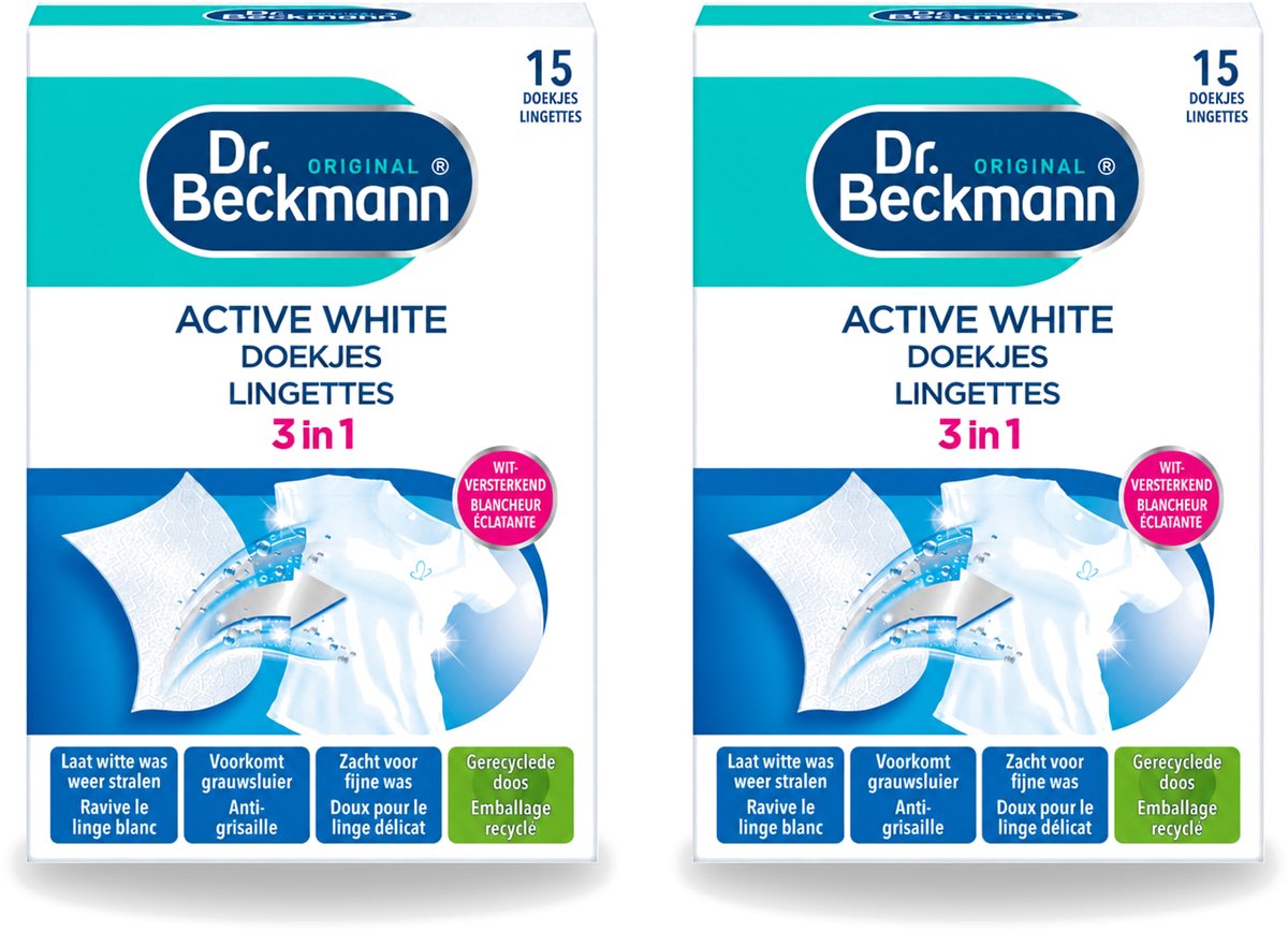 2 x Dr. Beckmann - Kleurverzorging - Active White - Witte Was - 15 Doekjes - Voordeelverpakking - 2 stuks