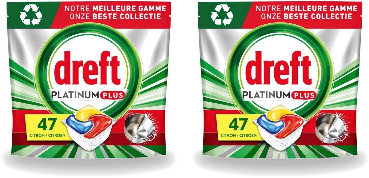 2 x Dreft Platinum Plus - All In One - Vaatwascapsules - Anti-Matt Technologie - Citroen - 47 Afwasbeurten - Voordeelverpakking - 2 stuks