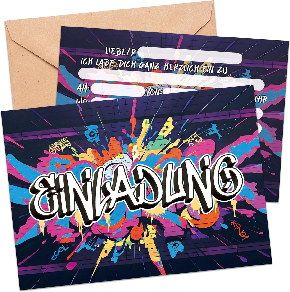 SnelShoppen - Uitnodigingskaarten Kinderverjaardag Jongen - Feestkaarten voor 10 Personen - Kleur: Graffiti - Perfect voor Verjaardagsfeestjes en Even