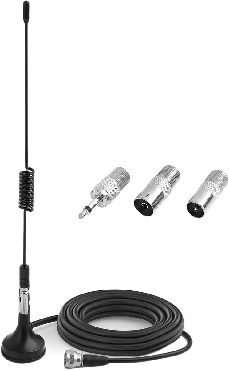 Telescopische FM-radio-antenne voor binnen, met magnetische basis, 1 m verlengkabel, compatibel met home stereo audio-ontvangers, inclusief meerdere adapters