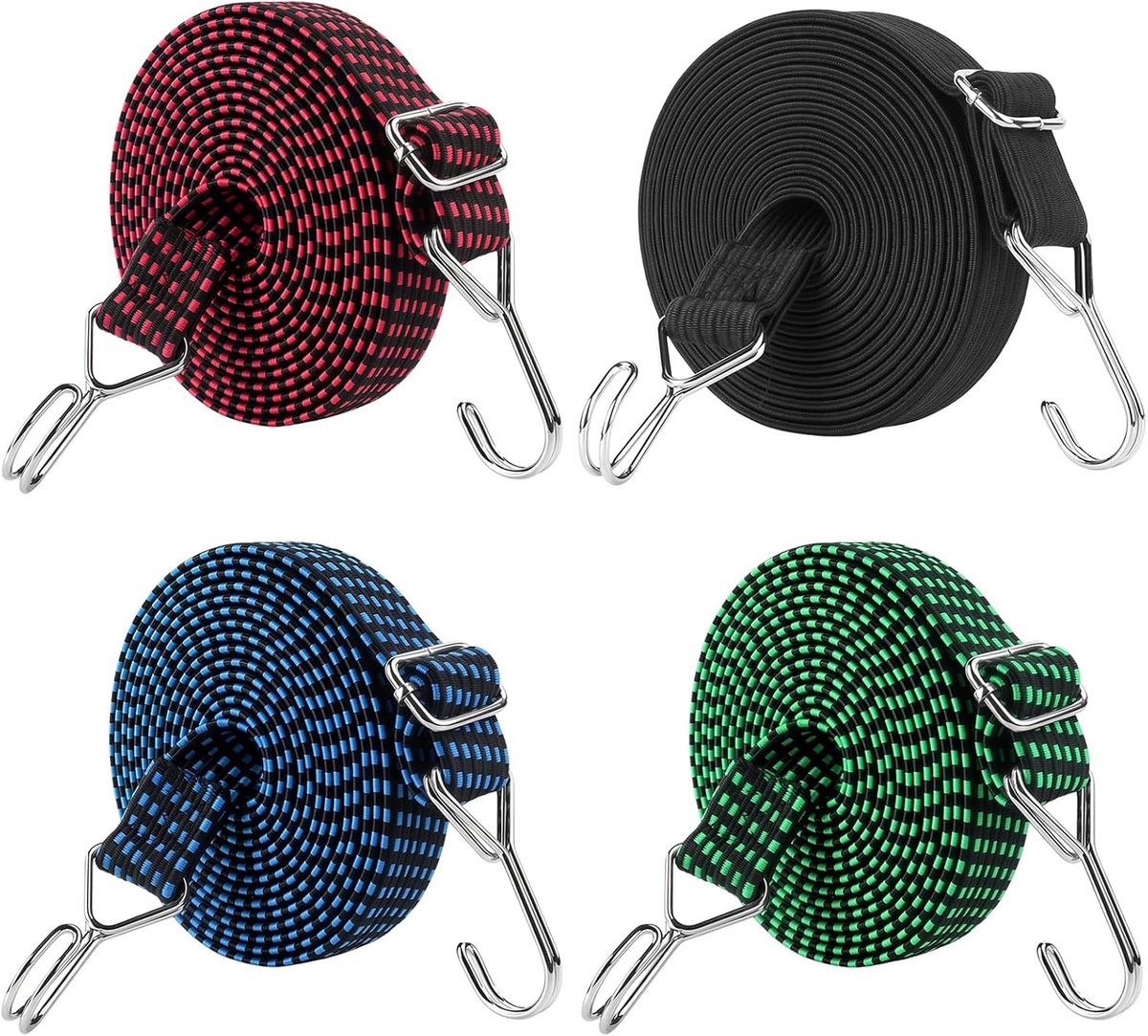 Set van 4 bungeekoorden met haken, 2 m / 6.6ft zware platte elastieken