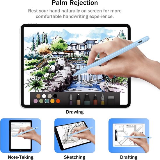 Styluspen voor iPad 2025-2018, potlood voor iPad 11e A16/10/9/8/7/6, Air 11/13 M2/M3, Pro 11/13 M4, Pro 12,9 inch, Air 5/4/3, Mini 7 A17 Pro/6/5, met sneller opladen, kantelsensor, palmsteun — afbeelding 4