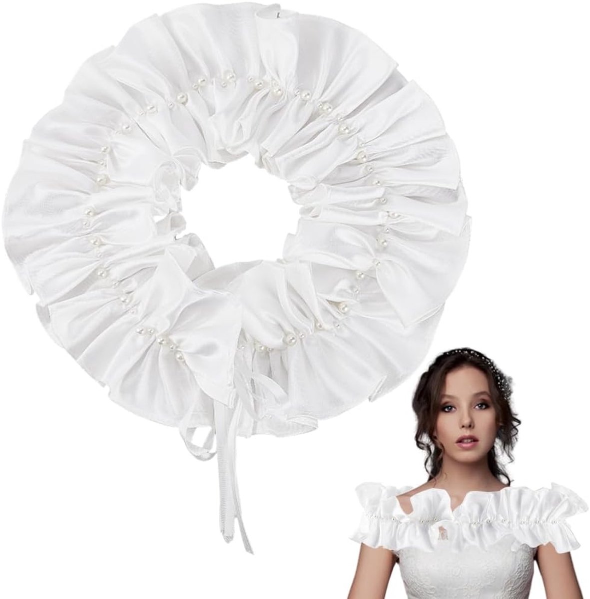 Ruche Kant Dame Sjaal Met Faux Parel Vintage Bloemen Geplooide Trimmen Zachte Satijn Stof Polyester Afneembare Kraag Voor Vrouwen Party Verjaardagsjurken Bruiloft Bruids Decor Diy
