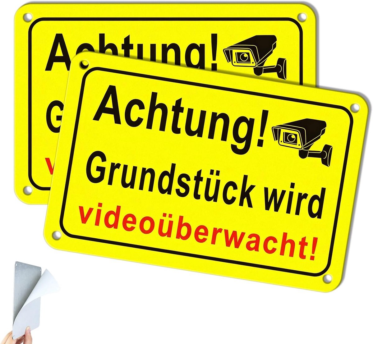Videobewakingsbord, 10 x 15 cm, reflecterend geel, waarschuwingsbord met gaten en zelfklevende achterkant, voor huis, binnenplaats, garage, 2 stuks
