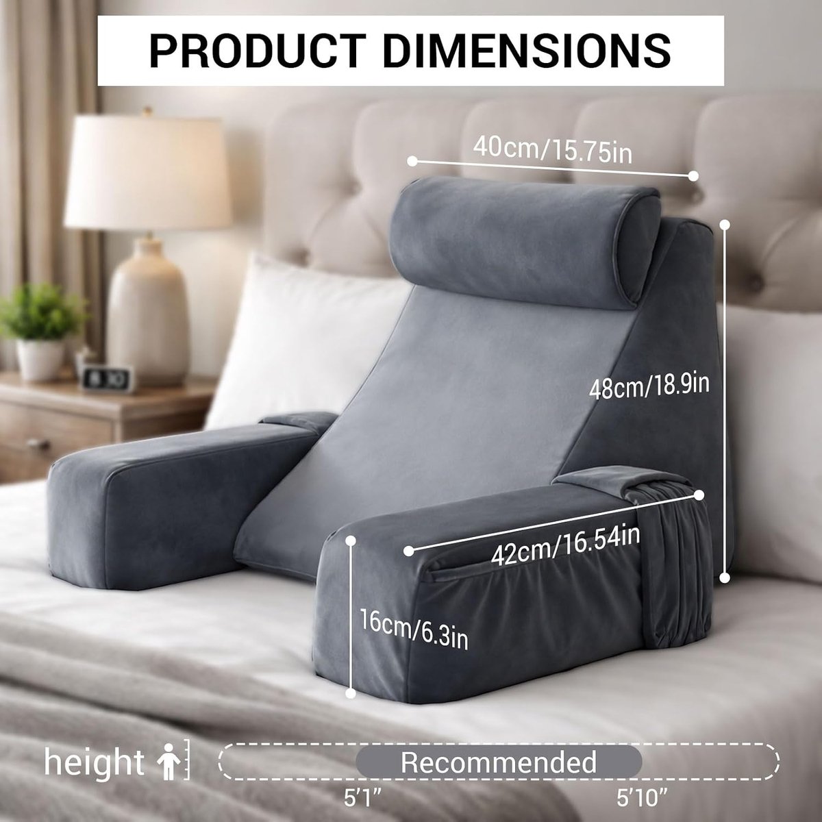 Leeskussen voor bed en bank, met afneembare armleuningen en hoofdkussen, ergonomisch rugkussen, hoofdkussen, grijs, rugsteunkussen, wandkussen, wigkussen om te lezen, werken, tv te kijken