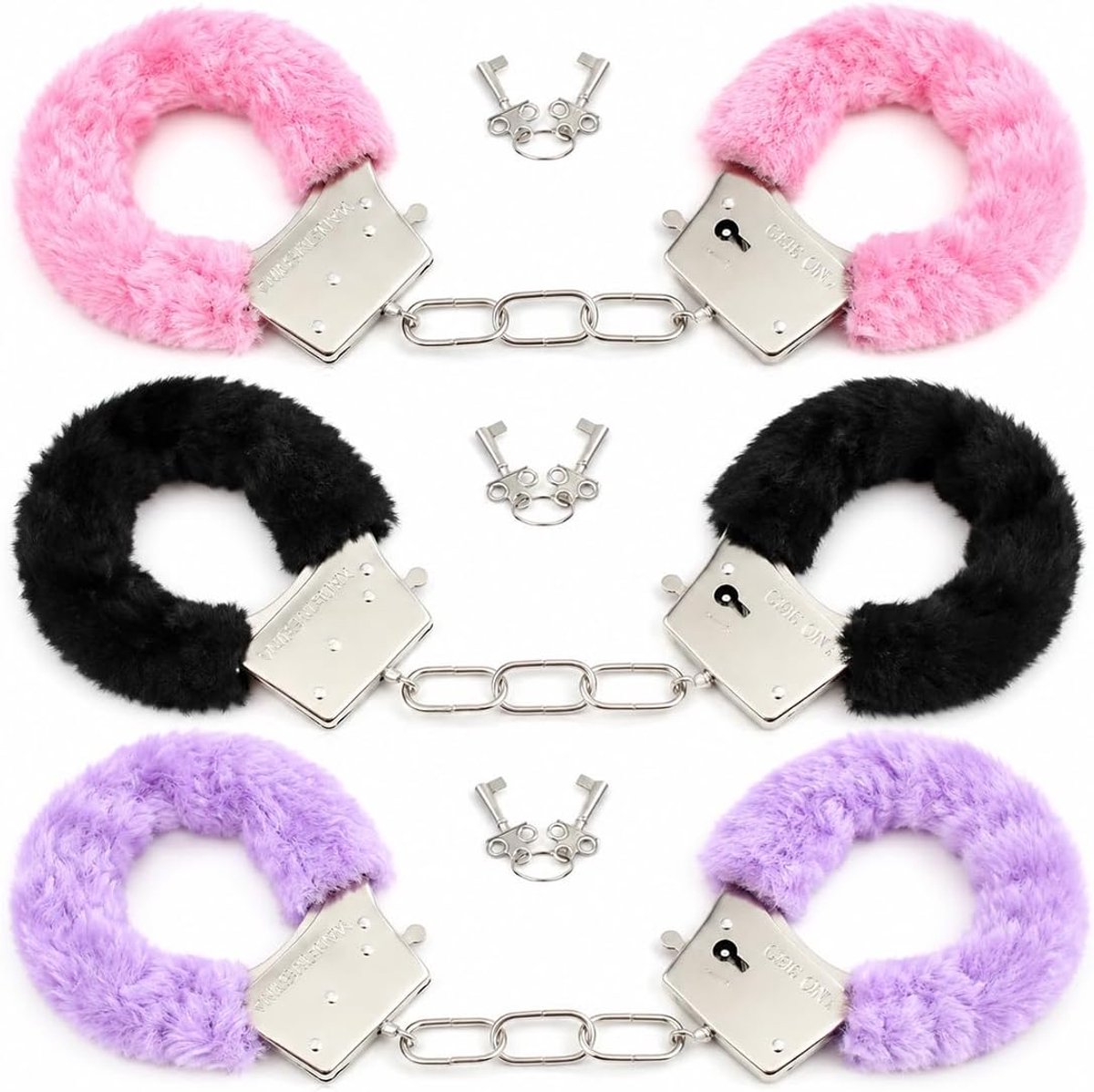 Handboeienset, pluche handboeien voor rollenspellen en feestjes (zwart, paars en roze) + metalen handboeien als rekwisieten voor een politiepak, het perfecte Valentijnsdagcadeau.