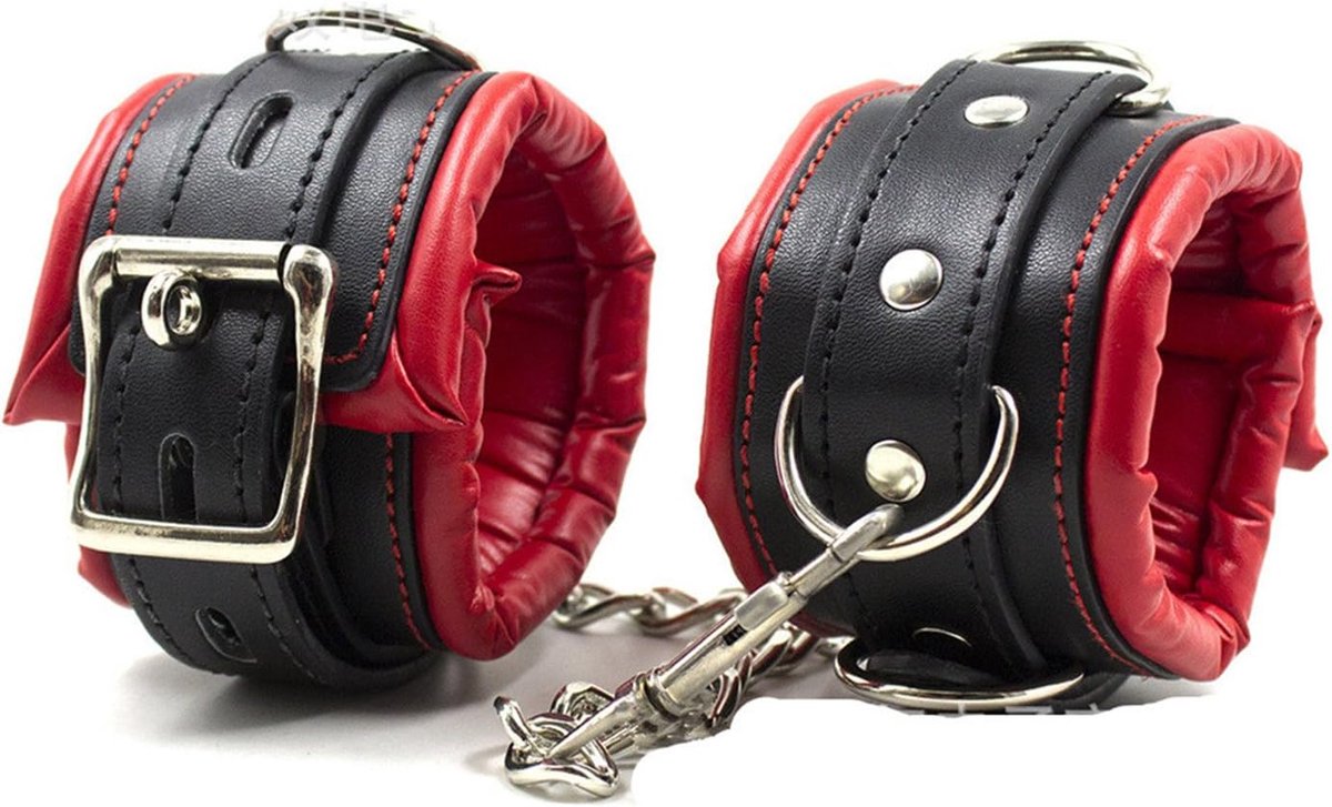 Handboeien, leer, gevoerde spons, handboeien, voetboeien, zwart, rood, verstelbaar, bondage, SM seksspeelgoed voor dames en heren