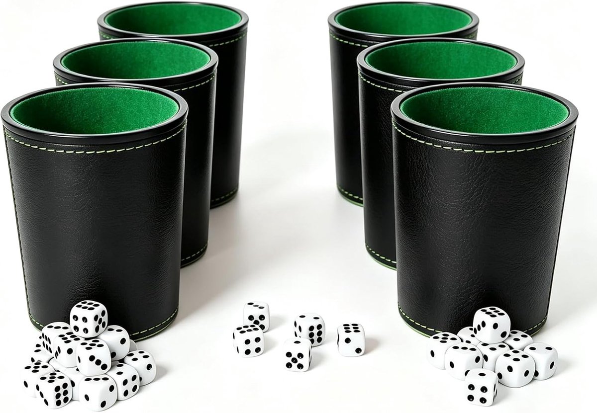 Set van 6 dobbelstenen van leer met 36 dobbelstenen, dobbelbeker met fluwelen binnenkant, dobbelspelset voor reizen, bar, avonden tussen volwassenen en feestspellen, zwart