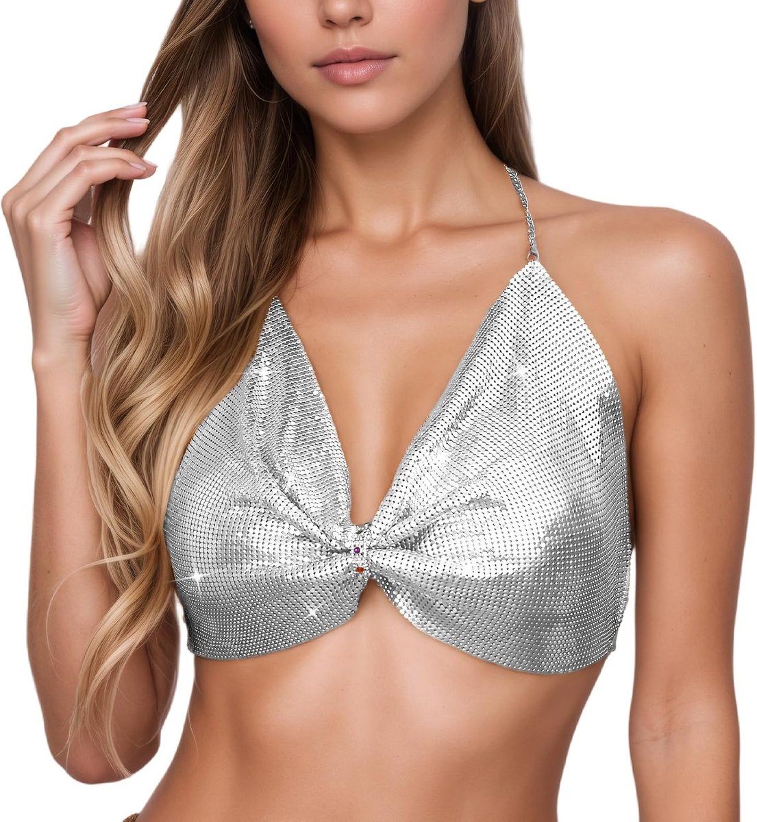 Strasssteentjes rugvrije oogst tops sexy pailletten diepe V-hals halster crop tops beha voor avondje rave party festival kleding