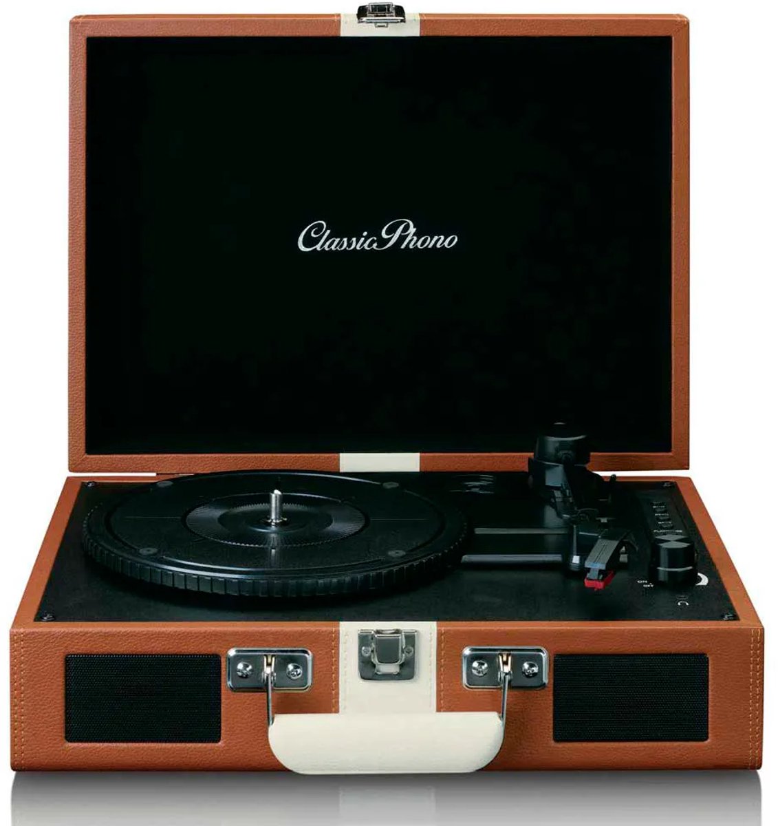 Classic Phono Retro Platenspeler - Vinyl Koffer met Bluetooth en ingebouwde Speakers - Auto-stop - TT-120BNWH - Bruin — cadeau in Games, Films & Muziek - foto 2