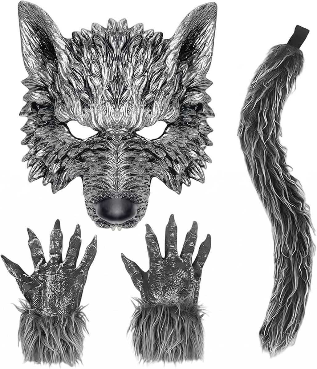 Vossenkostuum, cosplay, wolfmasker, set met vossenstaart, handschoenen, carnaval, dierenkostuum voor Halloween party