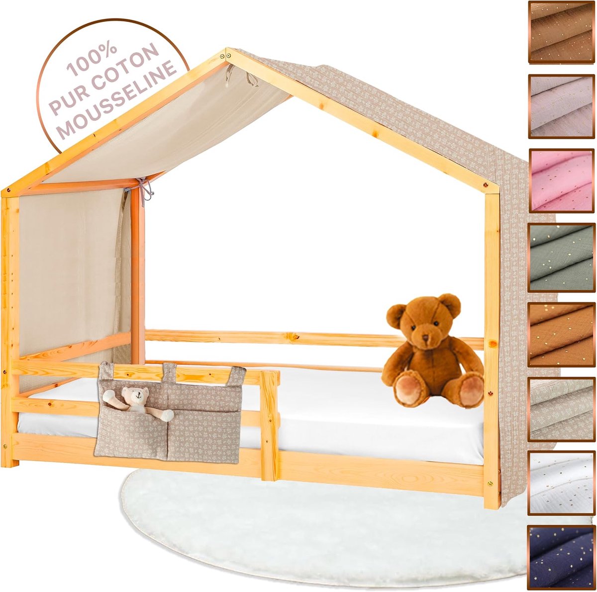 Hut, 100% katoen, hemel, hut voor Montessori-bed, 80 x 160, 90 x 190, 90 x 200 cm, Oeko-Tex Gots (beige bladeren + tas, 97 x 402 cm + opbergtas)