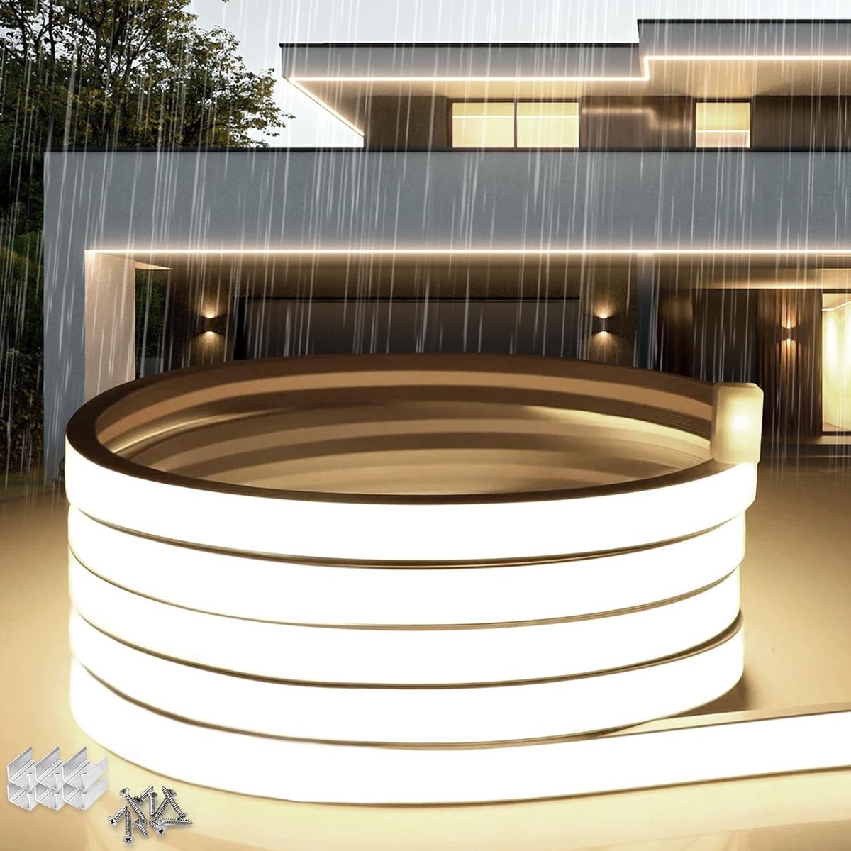 LED Strip 3m, Siliconen Waterdicht Vuurvast IP65 LED Strip Natuurlijk Wit 4000K 10mm LED-kerstverlichting Buiten 220V Flexibele Doe-het-zelf-lichtstrip Buitenruimte Met Voeding