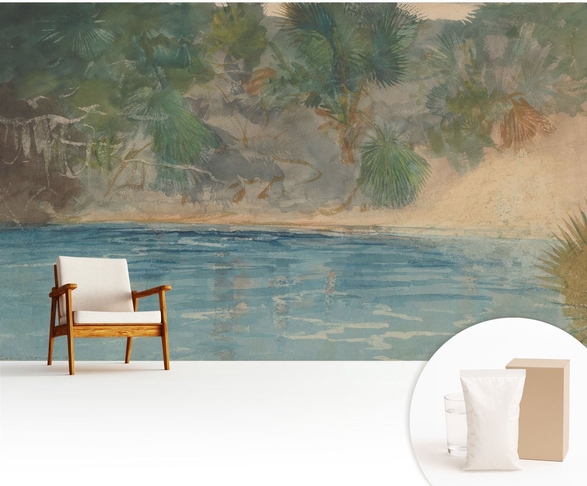 Wallfluent Fotobehang - Groente Vliesbehang - 416x254 cm - Tropische Kust Muurschildering - Slaapkamer behang Landschappen - Fotobehang Vlies - Slaapkamer behang