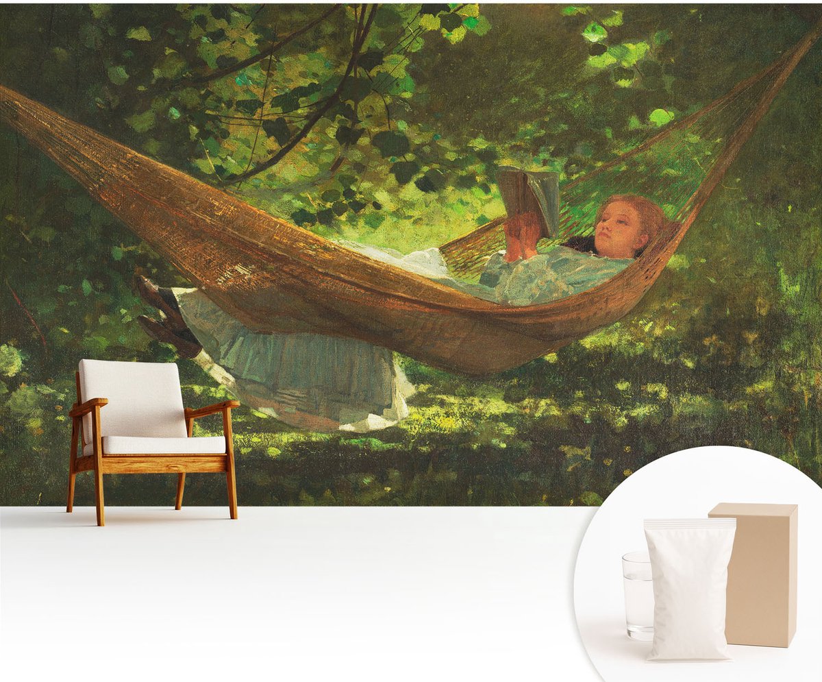 Wallfluent Fotobehang - Groente Vliesbehang - 416x254 cm - Ontspannen In Een Hangmat Muurschildering - Slaapkamer behang Bloemen En Planten - Fotobehang Vlies - Slaapkamer behang