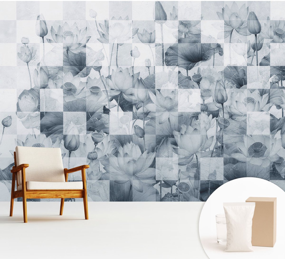 Wallfluent Fotobehang - Blauw Vliesbehang - 312x219 cm - Lotusbloemen Muurschildering - Gang behang Texturen - Fotobehang Vlies - Slaapkamer behang