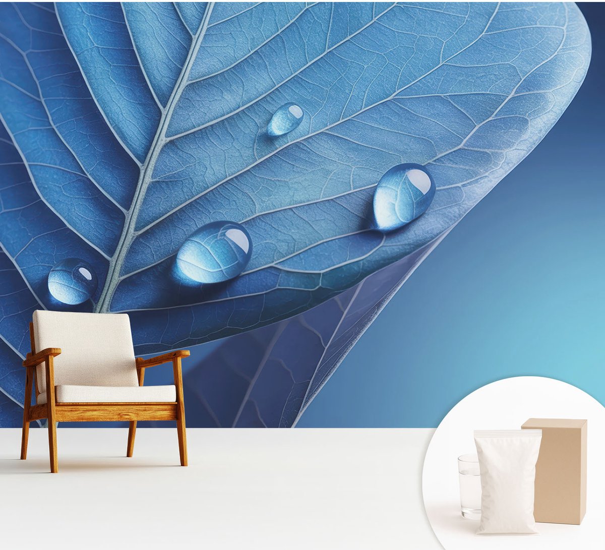Wallfluent Fotobehang - Blauw Vliesbehang - 312x219 cm - Blauw Blad Muurschildering - Slaapkamer behang Bloemen En Planten - Fotobehang Vlies - Slaapkamer behang