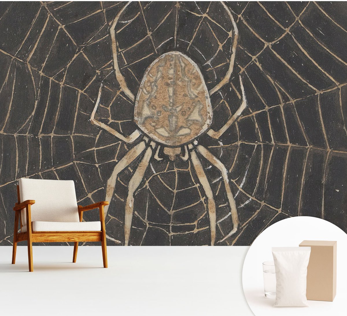 Wallfluent Fotobehang - Zwart Vliesbehang - 312x219 cm - Spinnenweb Fotobehang Vlies - Hal behang Dieren - Muurschildering - Woonkamer behang