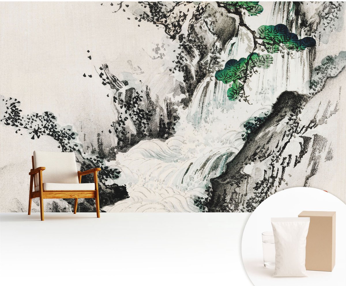 Wallfluent Fotobehang - Zwart-Wit Vliesbehang - 416x254 cm - Natuurlijke Waterval Fotobehang Vlies - Woonkamer behang Landschappen - Muurschildering - Woonkamer behang