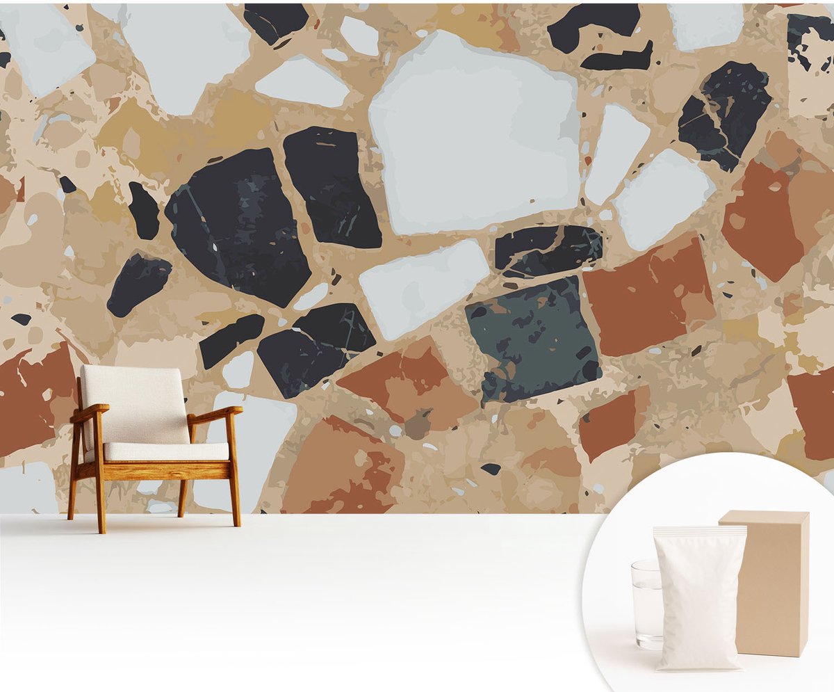 Wallfluent Fotobehang - Wit Vliesbehang - 416x254 cm - Rustieke Stenen Fotobehang Vlies - Woonkamer behang Texturen - Muurschildering - Woonkamer behang
