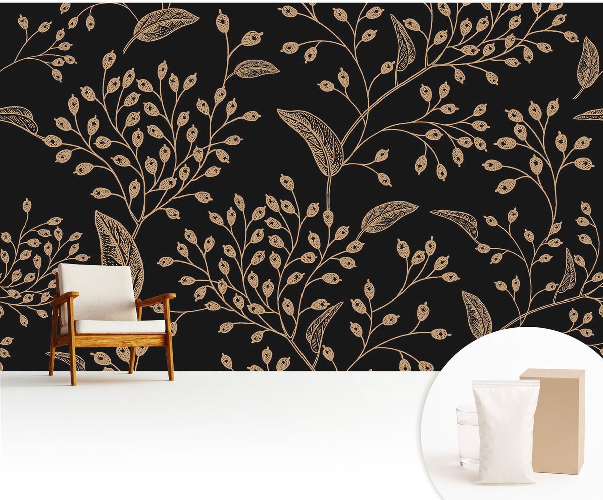 Wallfluent Fotobehang - Zwart Vliesbehang - 416x254 cm - Botanische Elegantie Fotobehang Vlies - Woonkamer behang Bloemen En Planten - Muurschildering - Hal behang