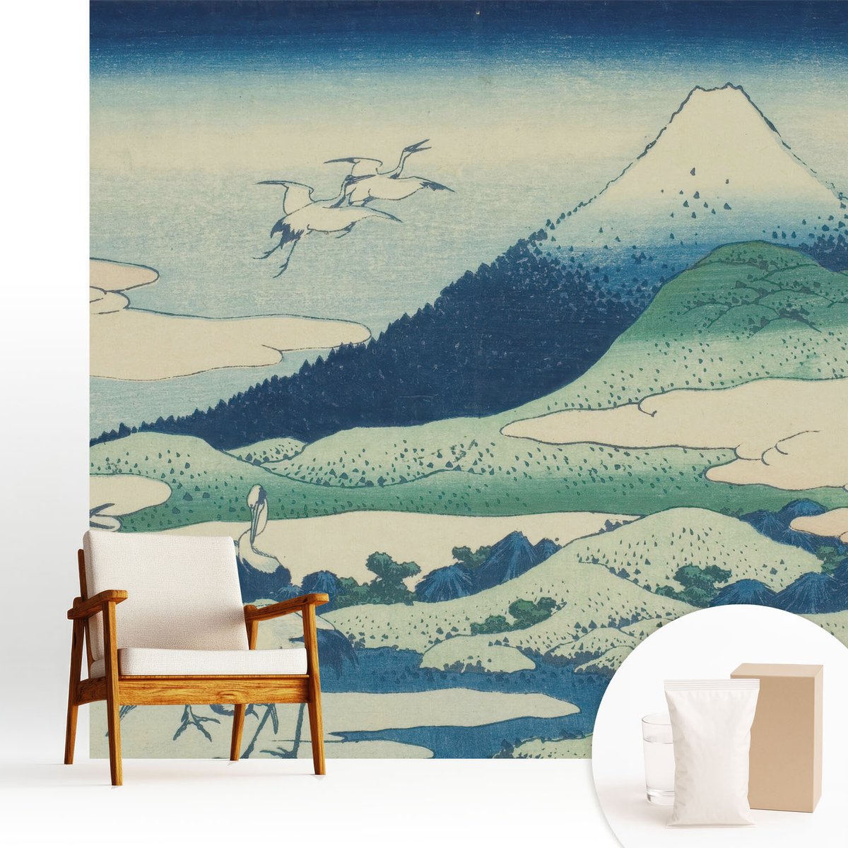 Wallfluent Fotobehang - Blauw Vliesbehang - 250x250 cm - Kraanvogels En Bergen Muurschildering - Slaapkamer behang Landschappen - Fotobehang Vlies - Slaapkamer behang