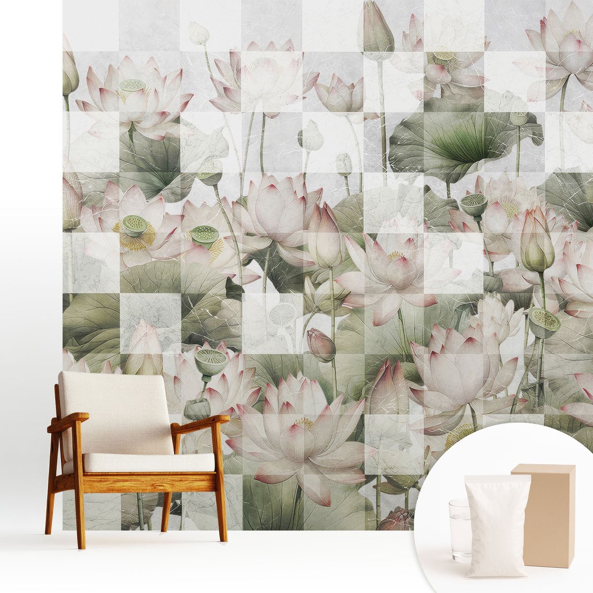 Wallfluent Fotobehang - Wit Vliesbehang - 250x250 cm - Lotuspatronen Fotobehang Vlies - Hal behang Bloemen En Planten - Muurschildering - Woonkamer behang