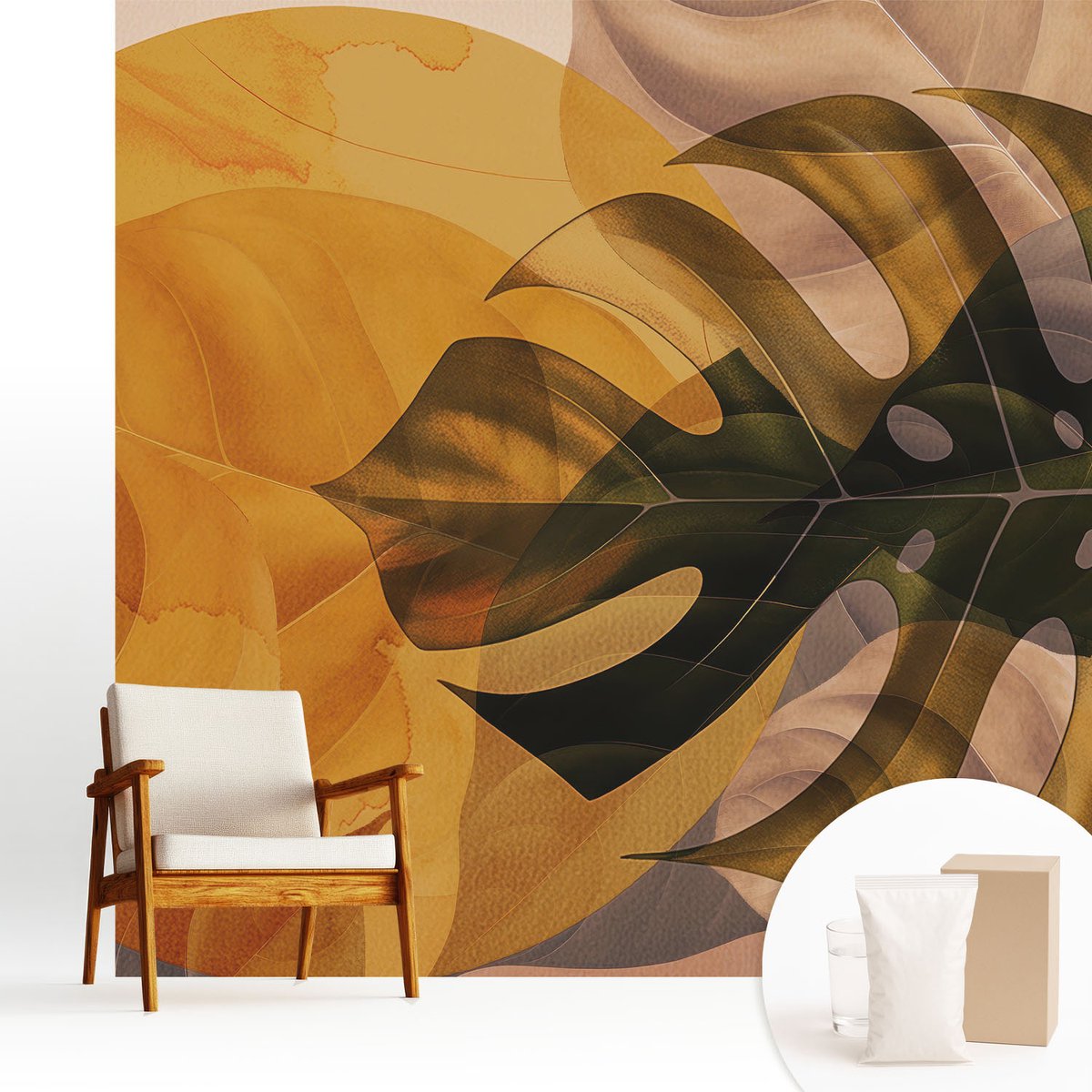 Wallfluent Fotobehang - Oranje Vliesbehang - 250x250 cm - Abstracte Bladeren Fotobehang Vlies - Woonkamer behang Bloemen En Planten - Muurschildering - Woonkamer behang