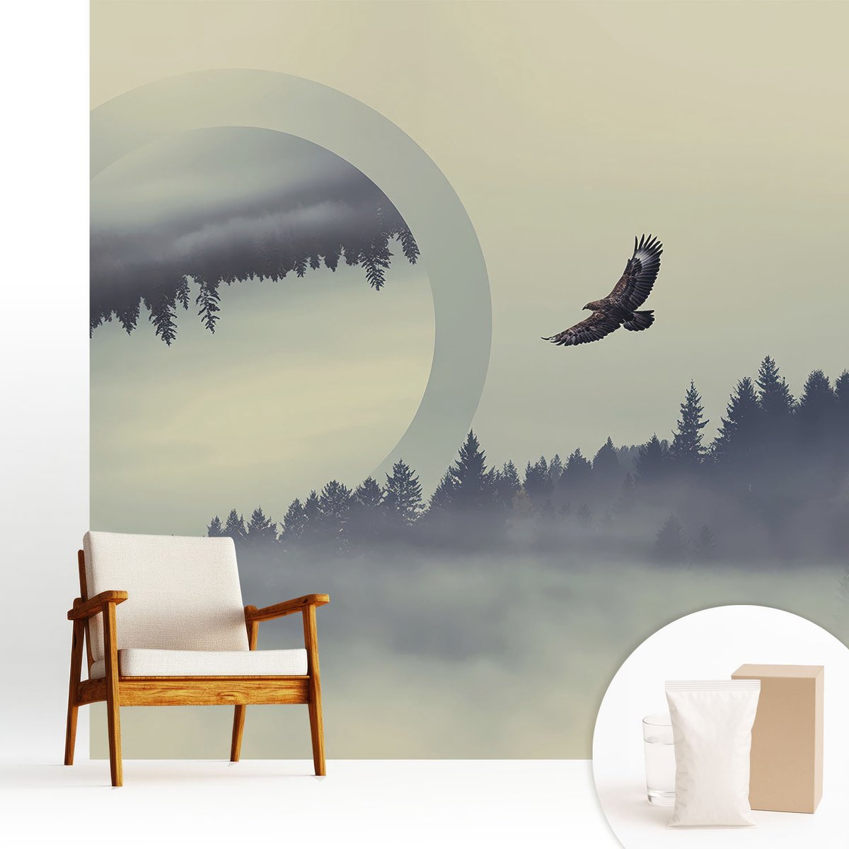 Wallfluent Fotobehang - Grijs Vliesbehang - 250x250 cm - Boslandschap Fotobehang Vlies - Woonkamer behang Landschappen - Muurschildering - Hal behang