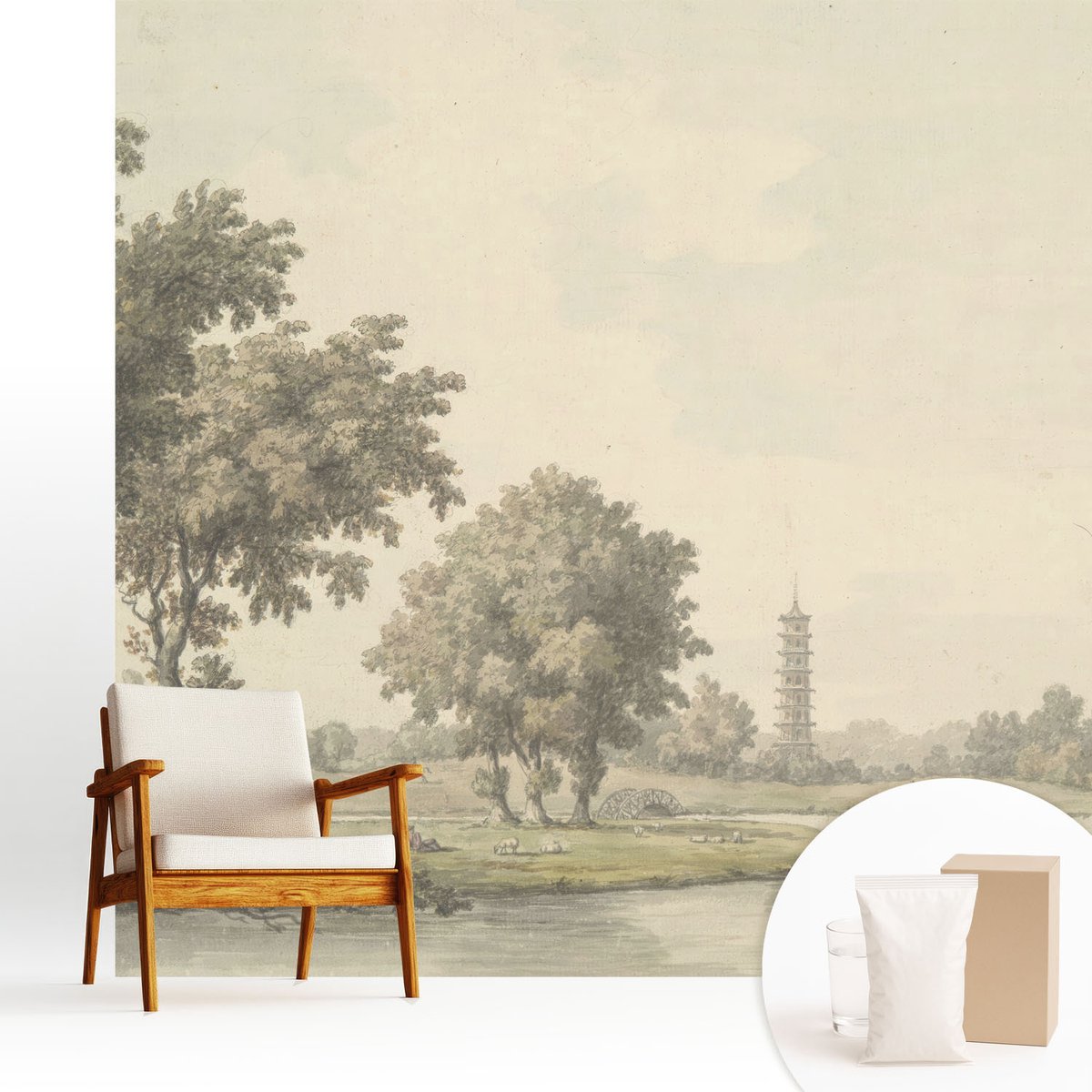 Wallfluent Fotobehang - Grijs Vliesbehang - 250x250 cm - Een Rustig Park Fotobehang Vlies - Hal behang Landschappen - Muurschildering - Woonkamer behang
