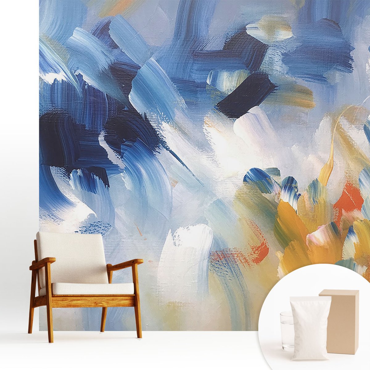 Wallfluent Fotobehang - Blauw Vliesbehang - 250x250 cm - Kleurrijke Penseelstreken Muurschildering - Gang behang Abstractie - Fotobehang Vlies - Gang behang