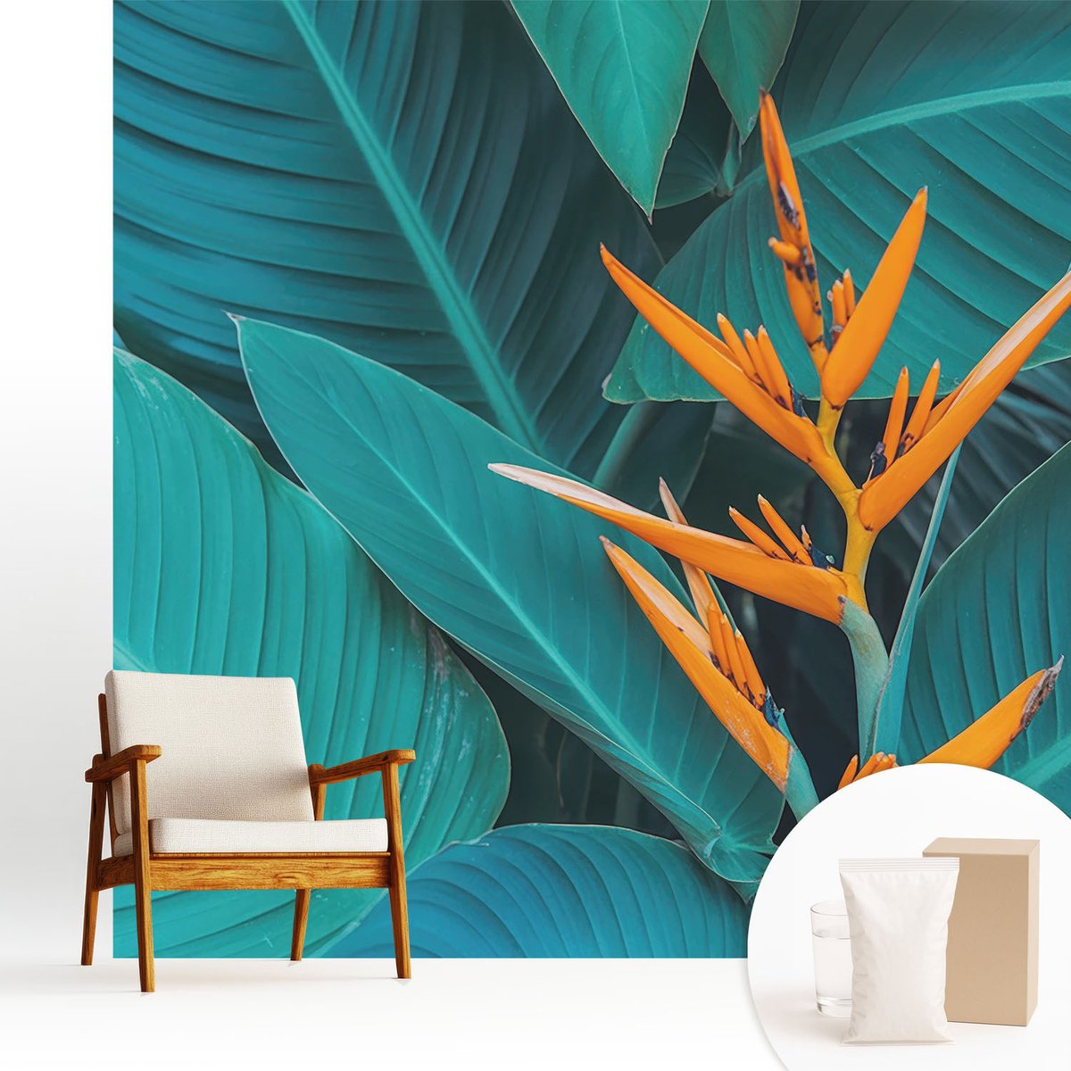 Wallfluent Fotobehang - Oranje Vliesbehang - 250x250 cm - Bladrijke Bloemen Fotobehang Vlies - Hal behang Bloemen En Planten - Muurschildering - Woonkamer behang