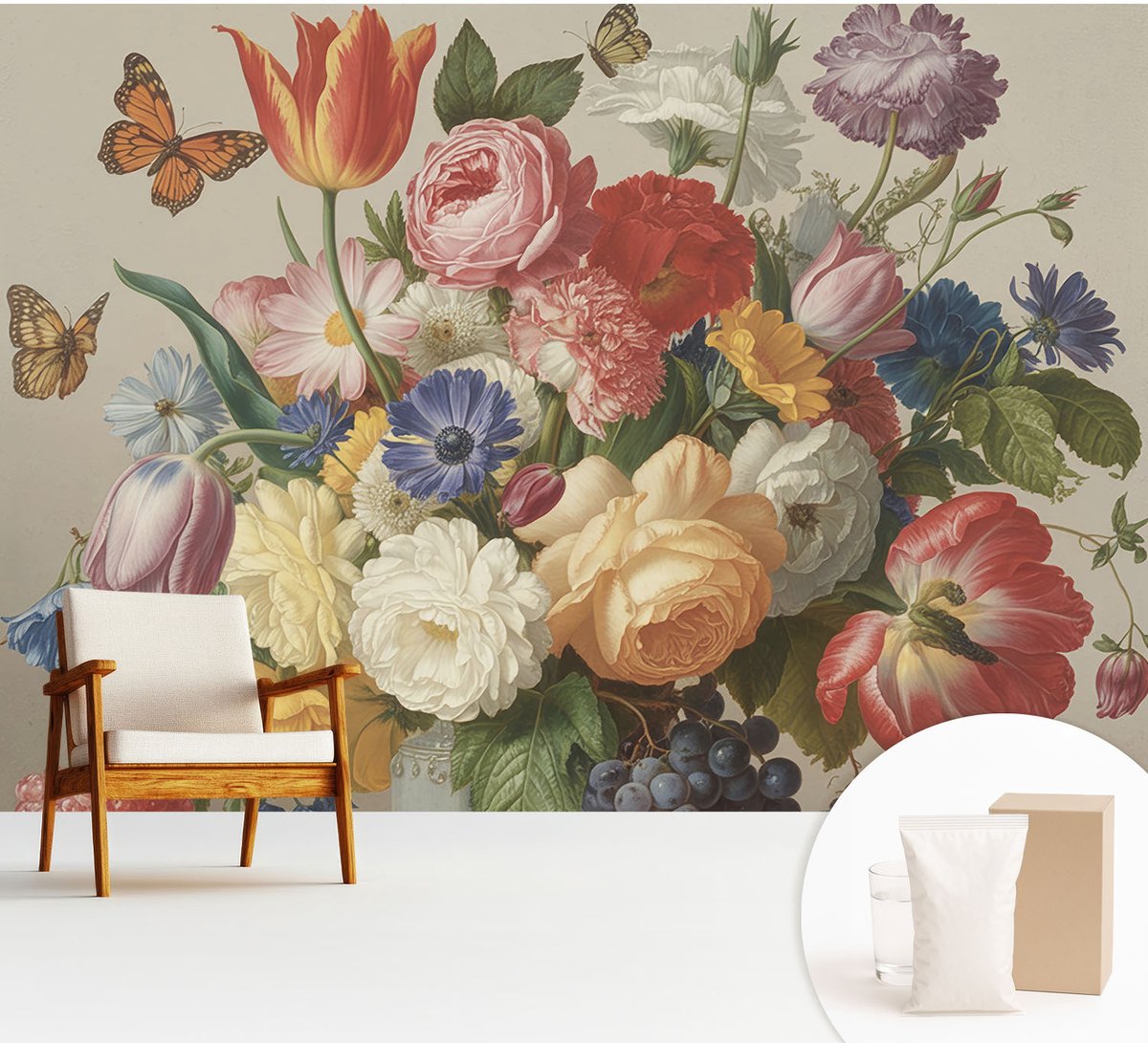 Wallfluent Fotobehang - Rood Vliesbehang - 312x219 cm - Bloemen En Vlinders Muurschildering - Slaapkamer behang Bloemen En Planten - Fotobehang Vlies - Slaapkamer behang