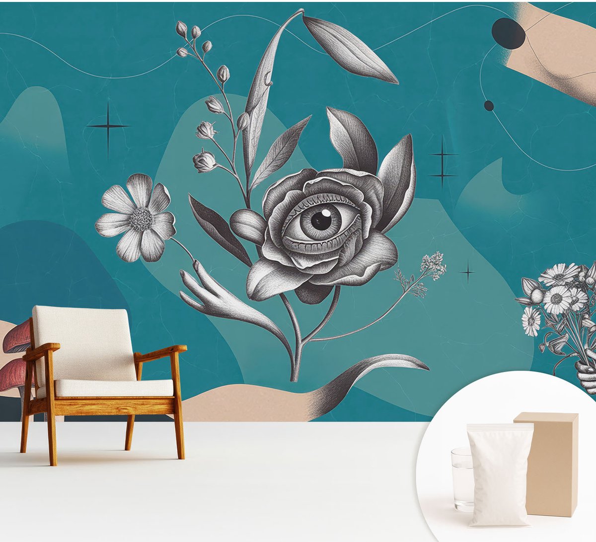 Wallfluent Fotobehang - Blauw Vliesbehang - 312x219 cm - Bloem Oog Muurschildering - Gang behang Deel - Fotobehang Vlies - Gang behang