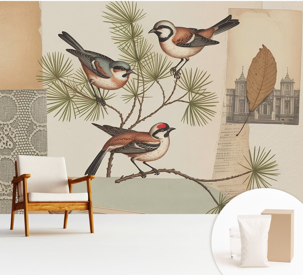 Wallfluent Fotobehang - Bruin Vliesbehang - 312x219 cm - Vogelcollage Muurschildering - Gang behang Deel - Fotobehang Vlies - Gang behang