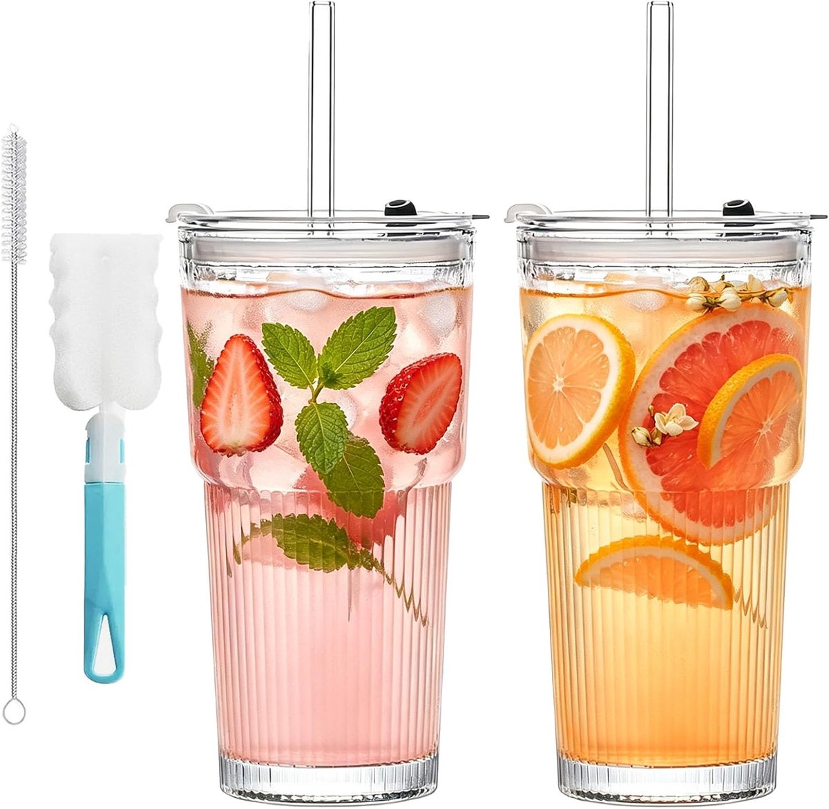 Glazen bekers, geribbeld glas met deksel en rietje, gestreepte glazen beker met deksel en rietje, 600 ml matcha-glas, met reinigingsborstel, voor thee, smoothie (set van 2)