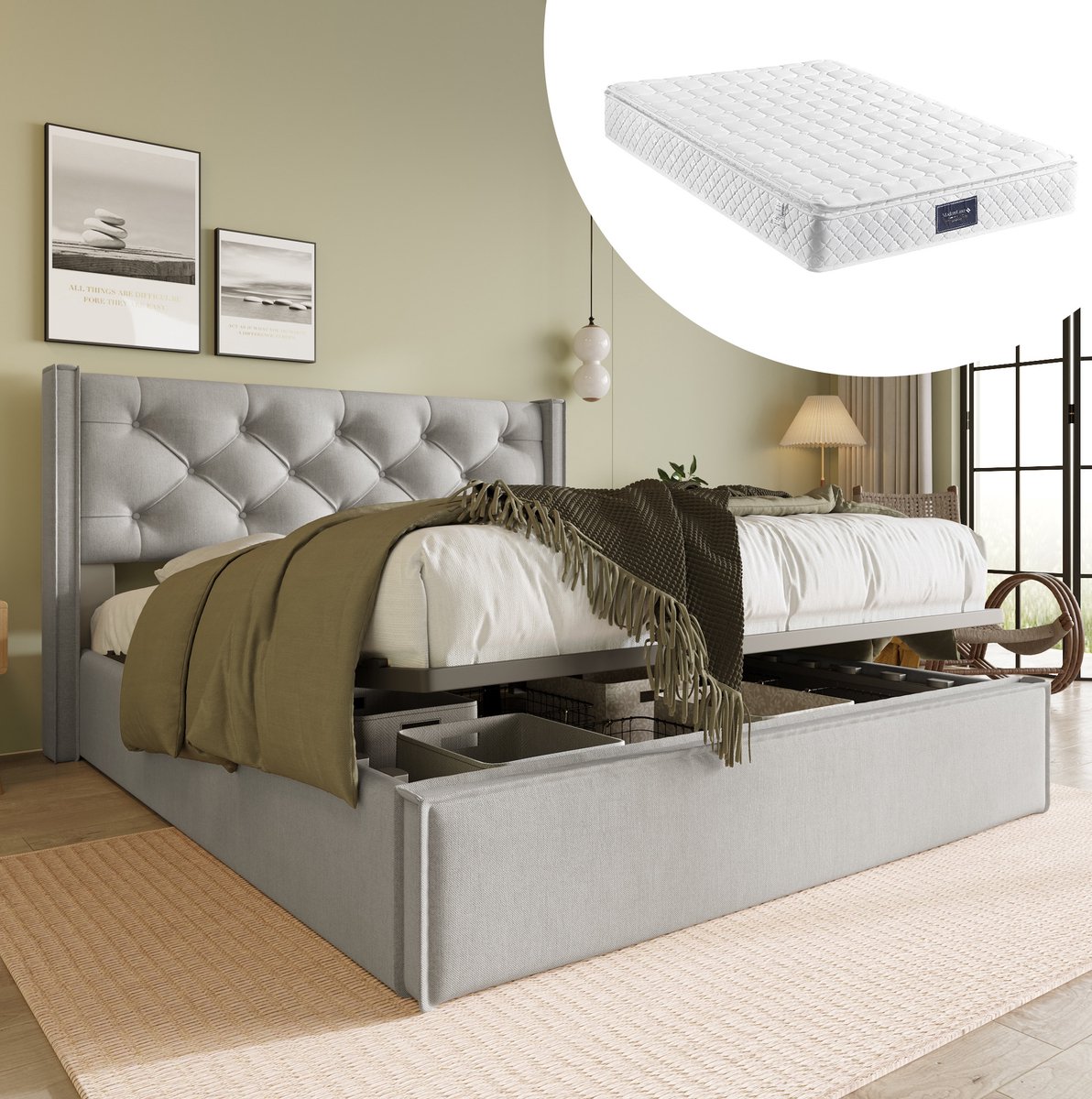 WUVRIE Tweepersoonsbed 140x200 cm met hydraulische opbergruimte en metalen lattenbodem, lichtgrijs