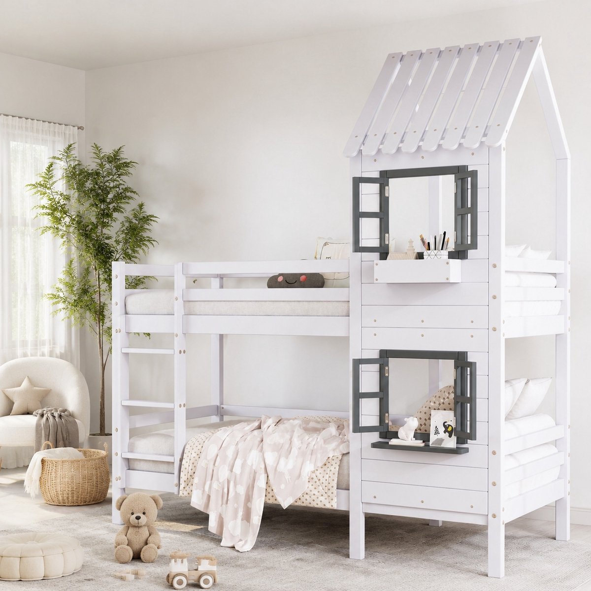 WUVRIE Stapelbed 90x200 cm met huisvorm, ramen, ladder en valbeveiliging, wit/grijs