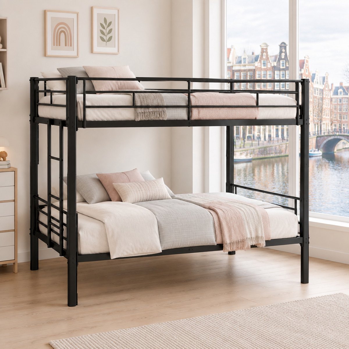 WUVRIE Metalen stapelbed 90x190 cm met ladder en veiligheidshekken, om te bouwen tot 2 eenpersoonsbedden, zwart