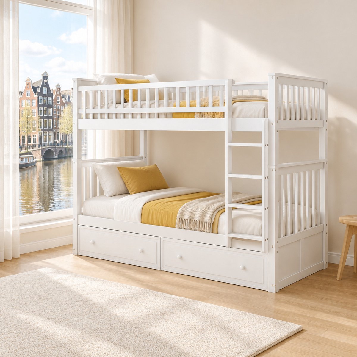WUVRIE Stapelbed 90x200 cm met 2 lades, omvormbaar tot 2 losse kinderbedden, wit