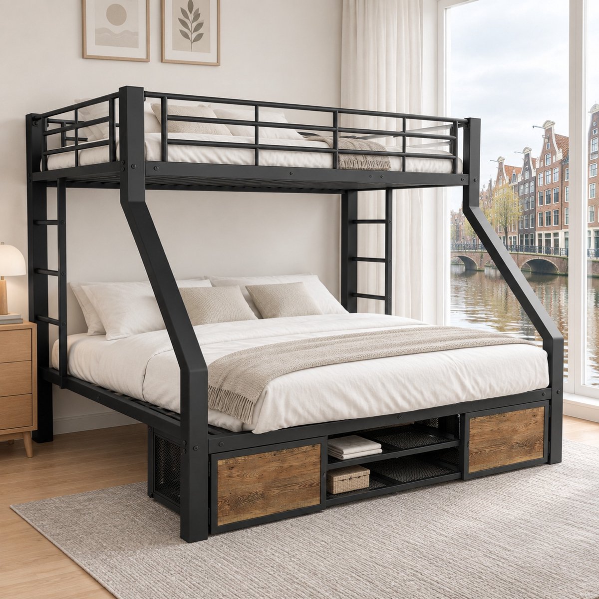 WUVRIE Stapelbed 90x200 en 140x200 cm met schoenenkast, opbergvakken, ladder en hekjes, zwart