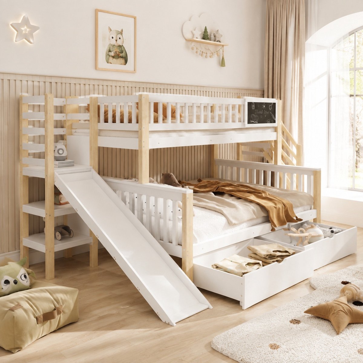 WUVRIE Kinderstapelbed met glijbaan, trap, opbergruimte en krijtbord, 90x200 en 140x200 cm, wit/naturel