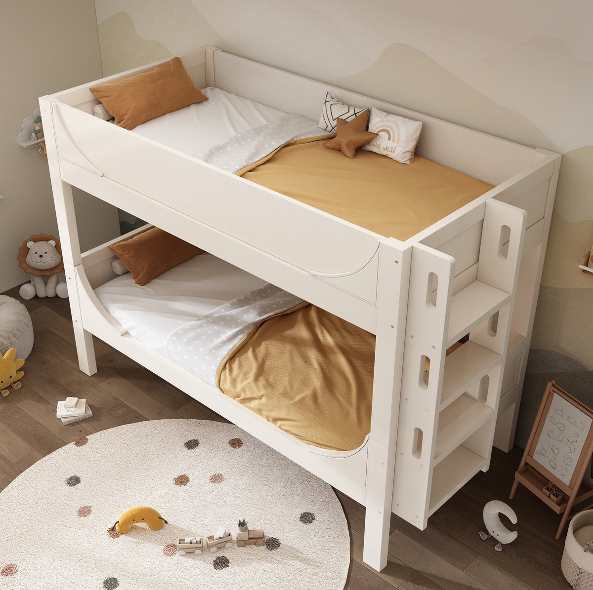 WUVRIE Stapelbed 90x200 cm, deelbaar in 2 eenpersoonsbedden met flexibele ladder, wit