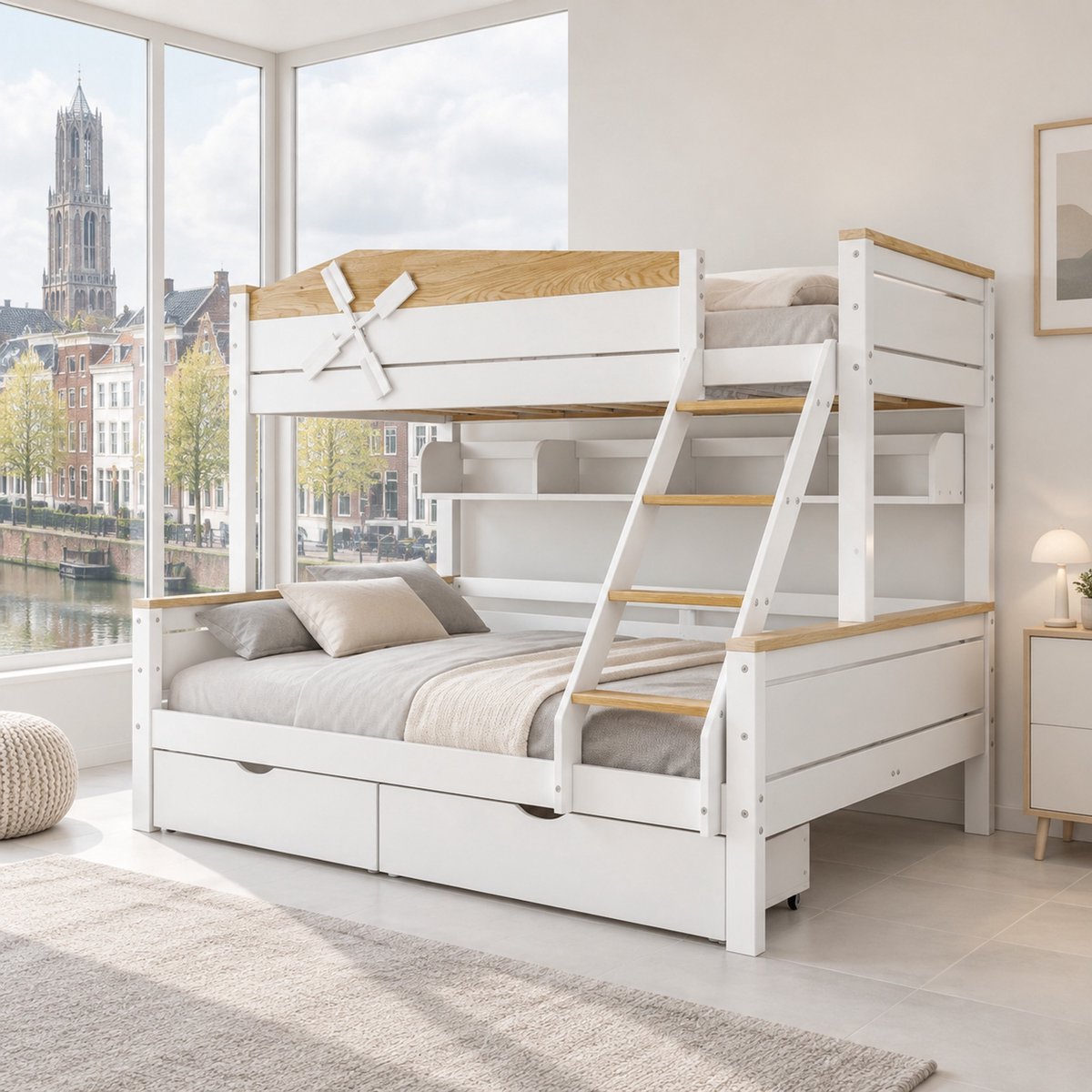 WUVRIE Stapelbed 90x200 en 140x200 cm met windmolen, lades, planken en schuine ladder, wit/naturel