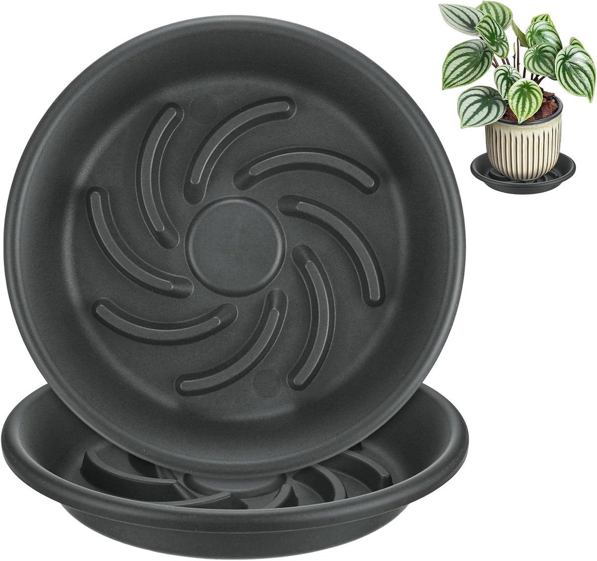 Schotels, 7,3 inch ID anti-rot wortel hars bloempot plantenschotels voor binnen/buiten, bloempot druppelbak [20,4 cm OD, grijs zwart]