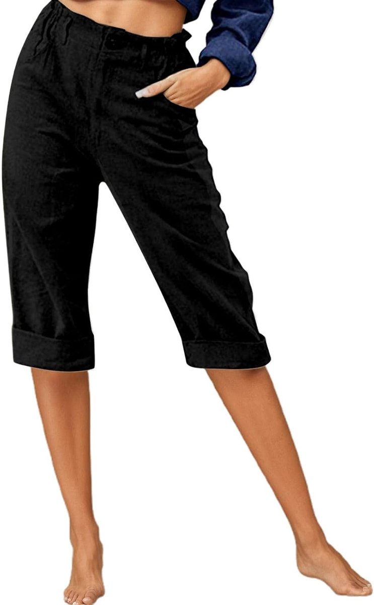 Broek voor dames, zomer, los, hoge taille, vloeiend, elastisch, breed, licht, casual, met zakken, chic, katoen, strand, trekkoord, ademend, A10